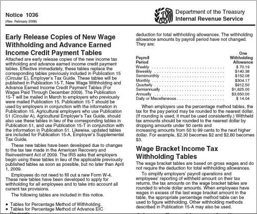 Publication 15 T Tax Tables For 02 2009 Released By IRS