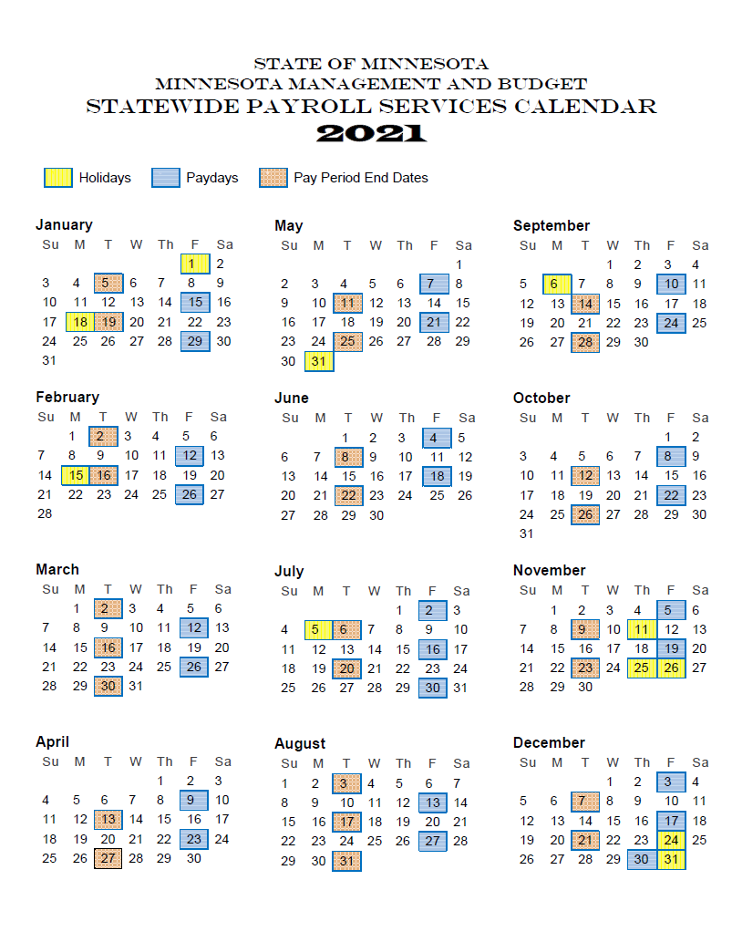State Of Minnesota MN Payroll Calendar 2021 Payroll